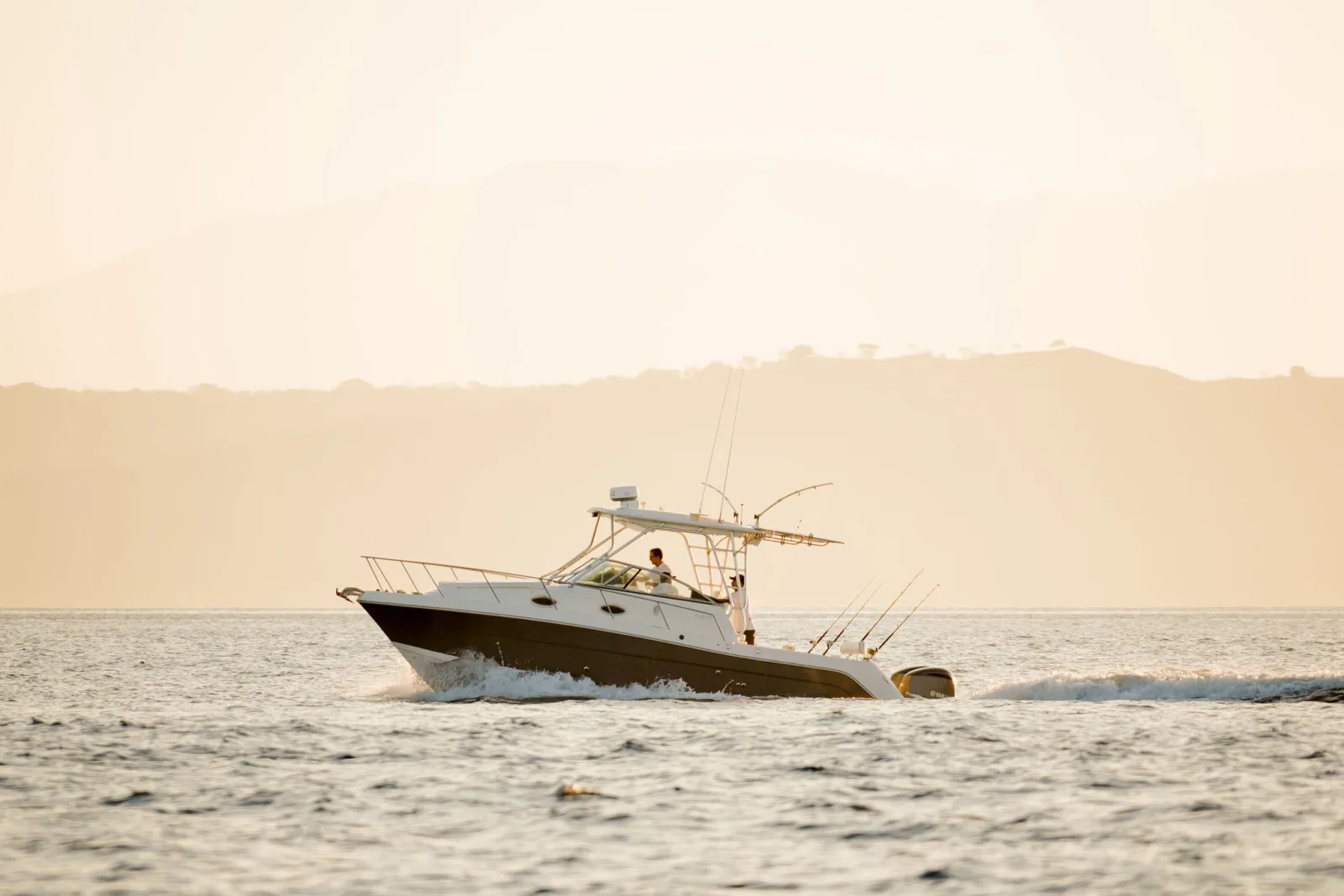 Disparate under way offshore, seen from the water