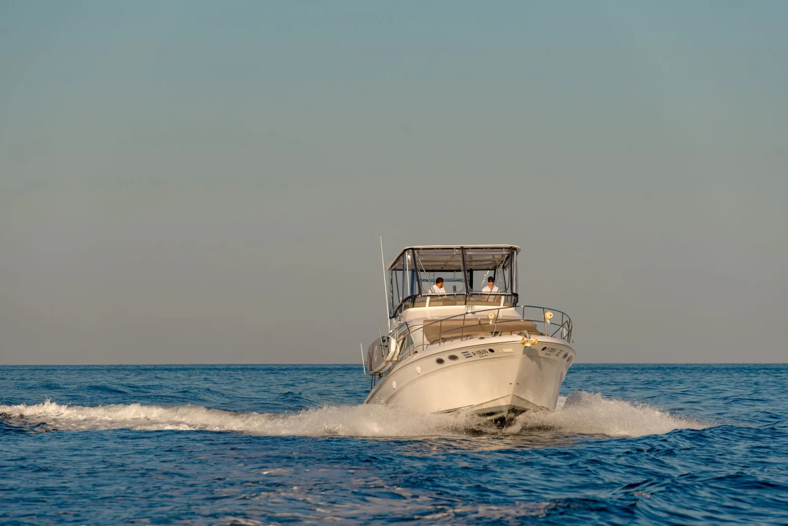 Sea Ya at speed, seen head-on in golden light